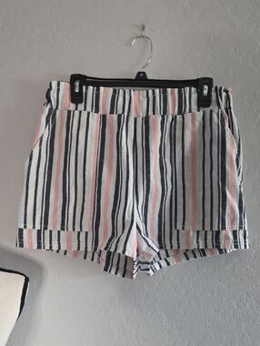 High-Waist Striped Summer Shorts-Pink&Navy Feels Like Linen Size XL Beach Ready